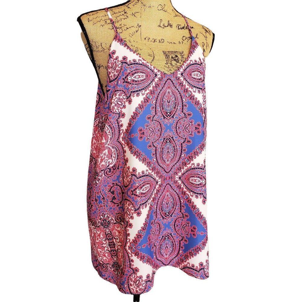 Womens Tunic Blouse Tank M Pink Blue Indie Paisley Sleeveless Boho Costal Loose